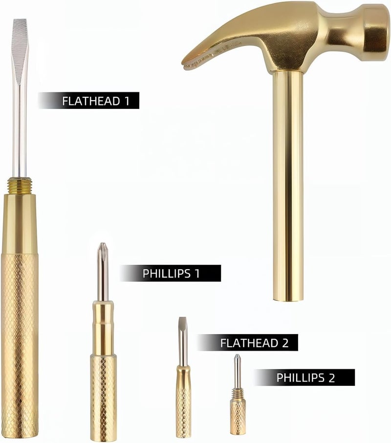 Kinobo Multifunction Hammer 6 in 1 with Slotted/Flat Head Phillips Screwdriver Claw Hammer Manual, Portable Metal Mini Tool Hammer (Gold) - Image 3